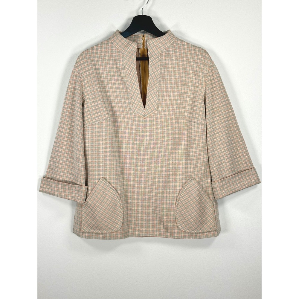 Vintage 60s Butte Knit Tunic Shirt Womens Gingham Plaid Pink Tan M/L Mod Retro
